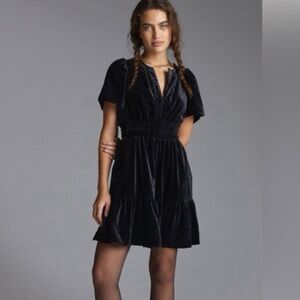 Maeve Anthropologie Black Velvet Short Sleeve Somerset Mini Dress Small Petite